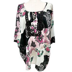 Denim 24/7 Tunic Top Womens 26W Floral Print 3/4 Sleeves Black White Pink Light